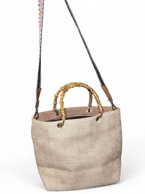 Beige Tote with Bamboo Handles and Shoulder Strap - Women's Tote Bag